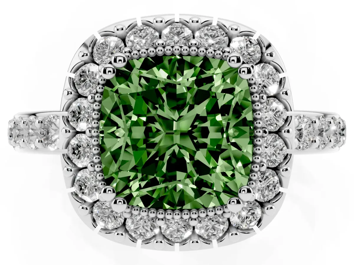 Fancy Green Cushion Cut Diamond Halo Ring with Pavé Band and Prong Setting Silver