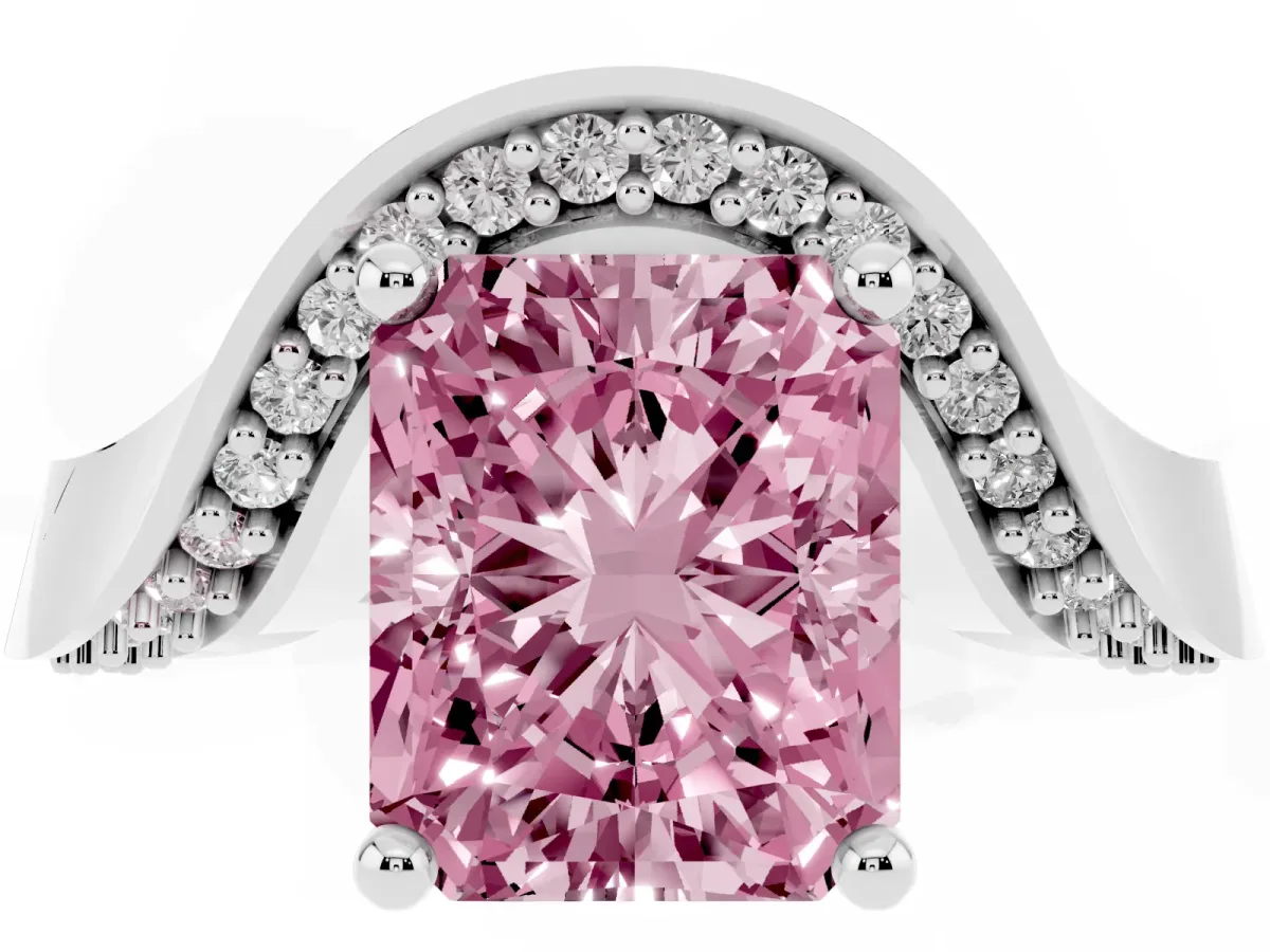 Fancy Pink Radiant Cut Solitaire Diamond Engagement Ring with Pave Band and Four-Prong Setting Silver