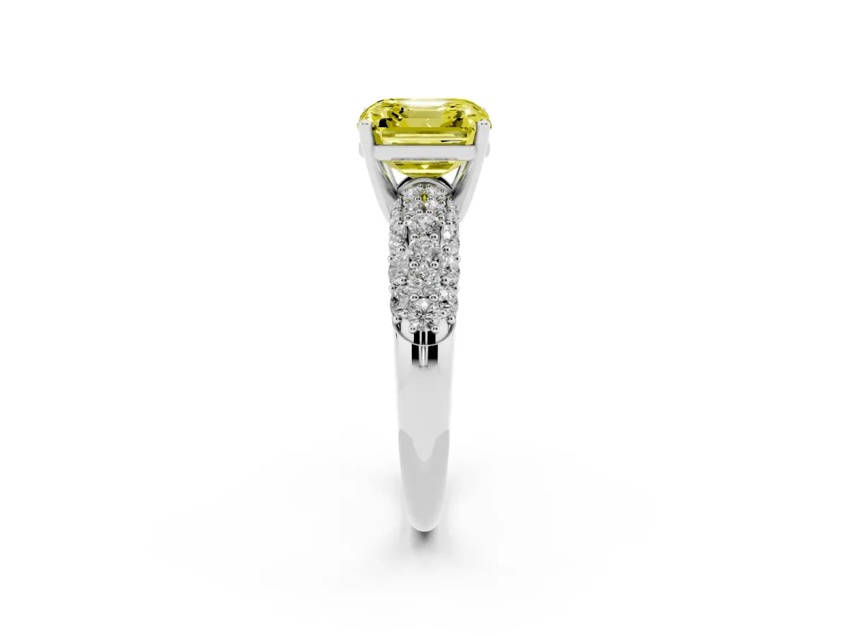Fancy Yellow Asscher Cut Diamond Pavé Band Solitaire Ring with Four-Prong Setting Platinum