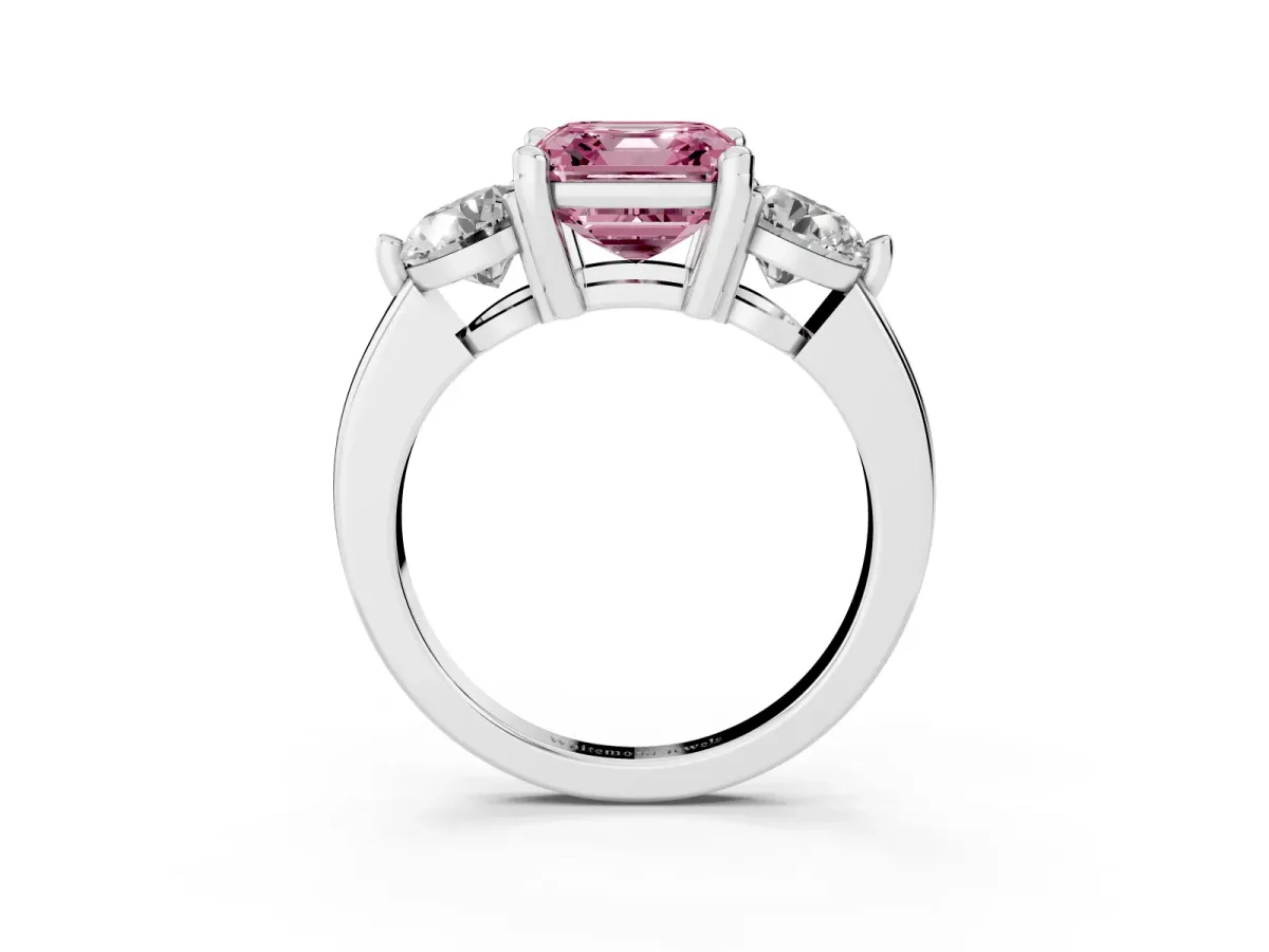 Fancy Pink Three-Stone Asscher Cut Brilliant Cut Solitaire Ring with Prong Setting on a Classic Band Platinum