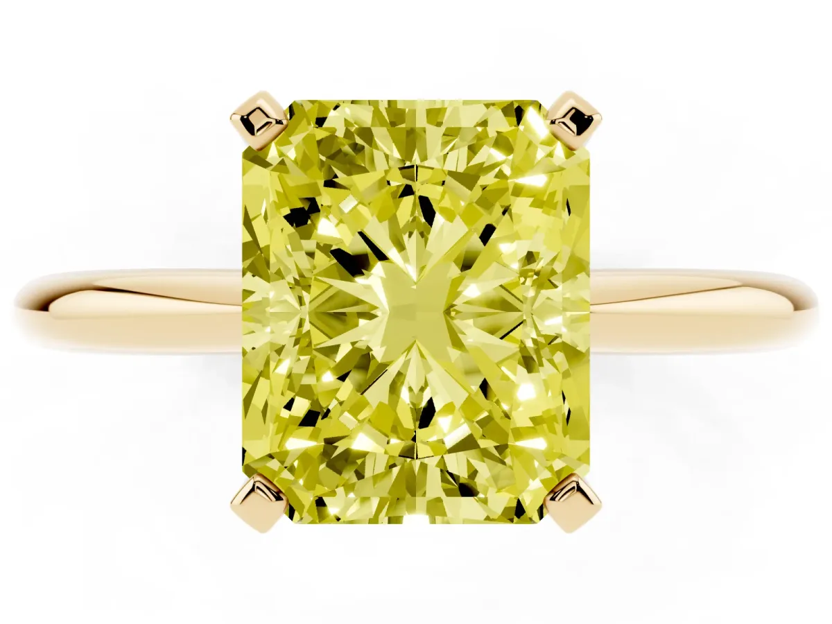 Fancy Yellow Radiant Cut Diamond Solitaire Ring with Prong Setting and Classic Band Yellow gold