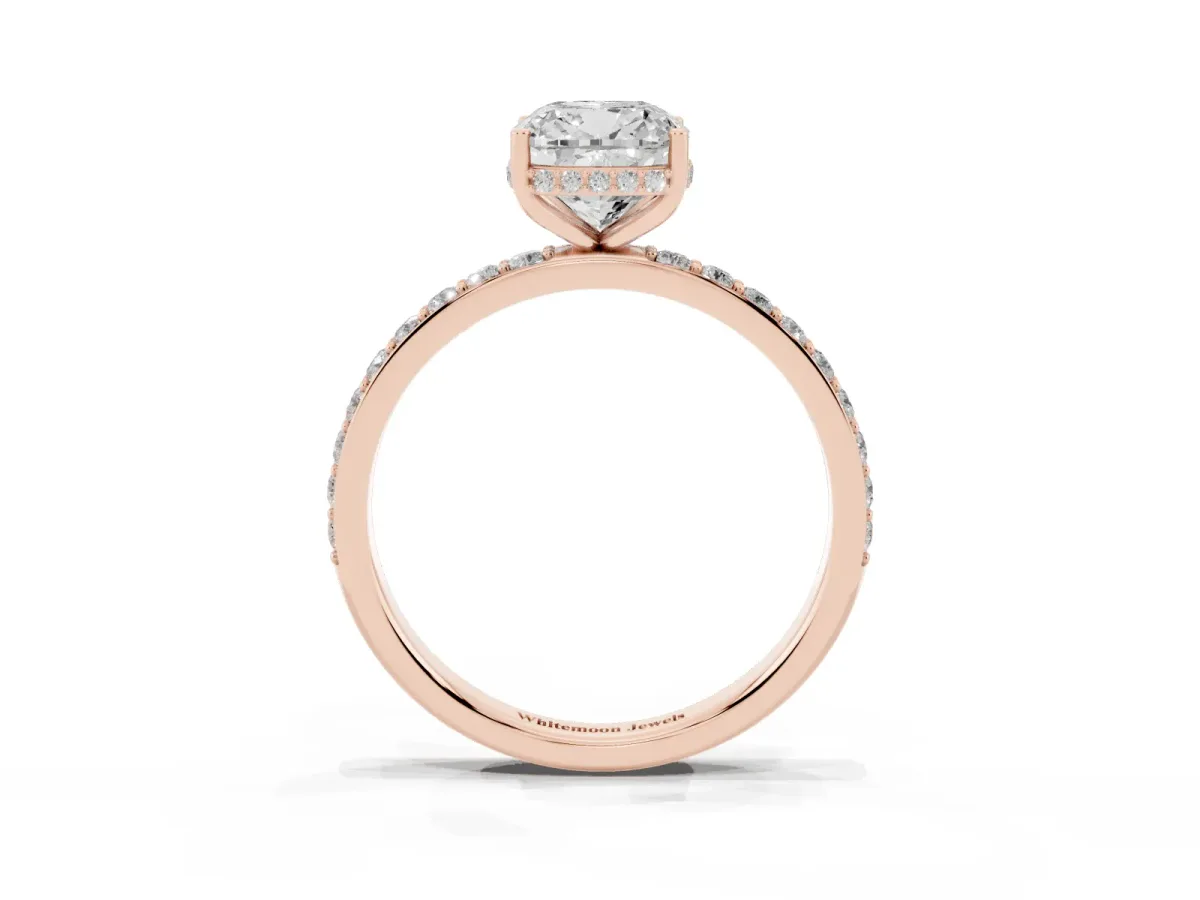 Cushion Cut Diamond Solitaire Ring with Pavé Band and Hidden Halo Rose gold