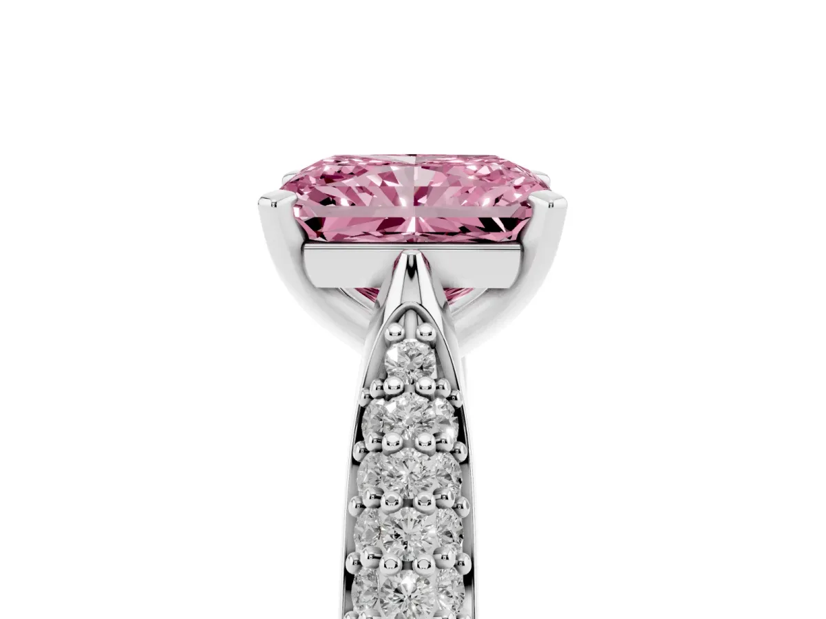 Fancy Pink Radiant Cut Diamond Solitaire Engagement Ring with Multi-Row Round Pavé Band and Prong Setting Platinum