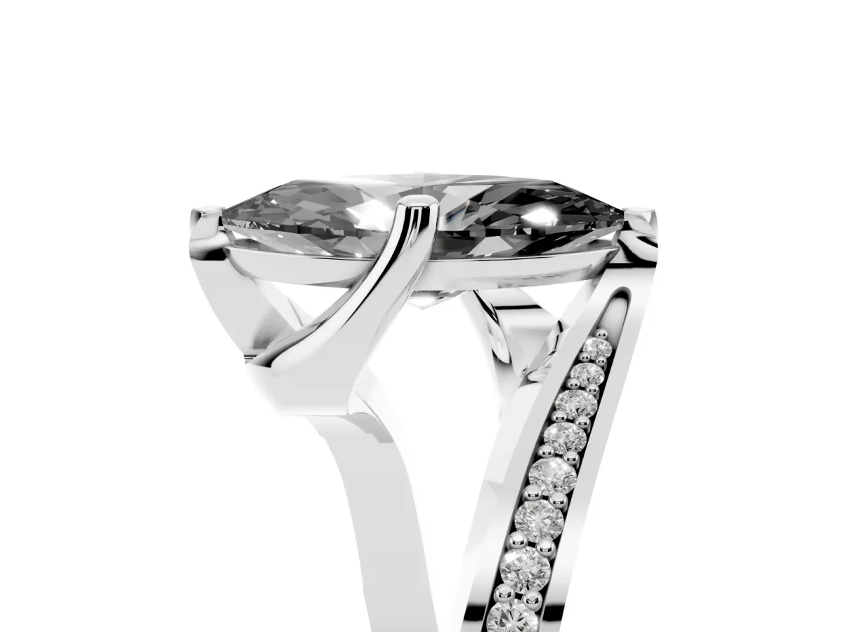 Fancy Black Marquise Cut Solitaire Diamond Twist Band with Pavé Setting and Four-Prong Setting Platinum