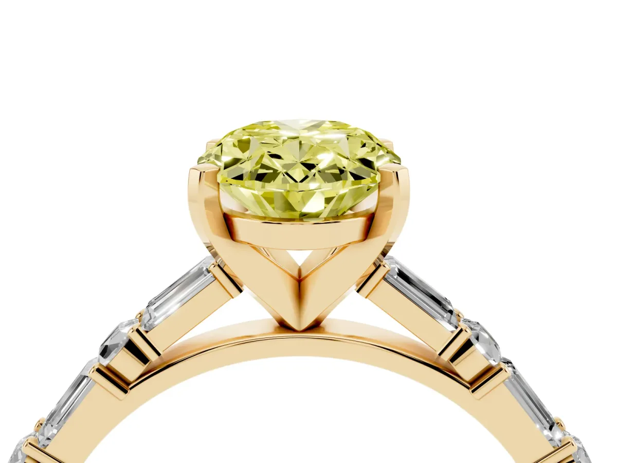 Fancy Yellow Oval Cut Diamond Solitaire with Side Baguettes and Channel Set Band Yellow gold