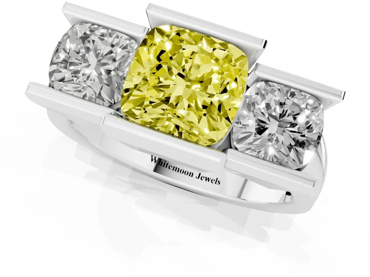 Fancy Yellow Three Stone Cushion Cut Cut Channel Set Diamond Ring Silver