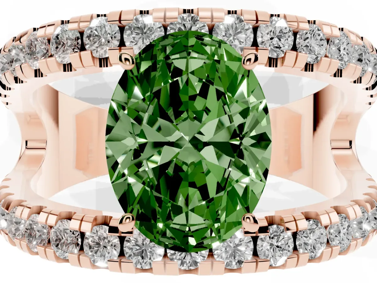 Fancy Green Oval Cut Solitaire Split Shank Pave Diamond Ring Rose gold