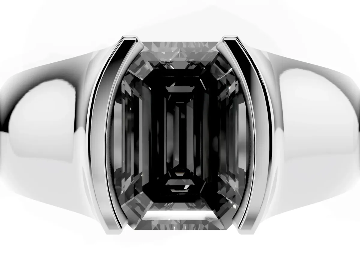 Fancy Black Emerald Cut Solitaire Bezel Set Diamond Ring with Wide Band Platinum