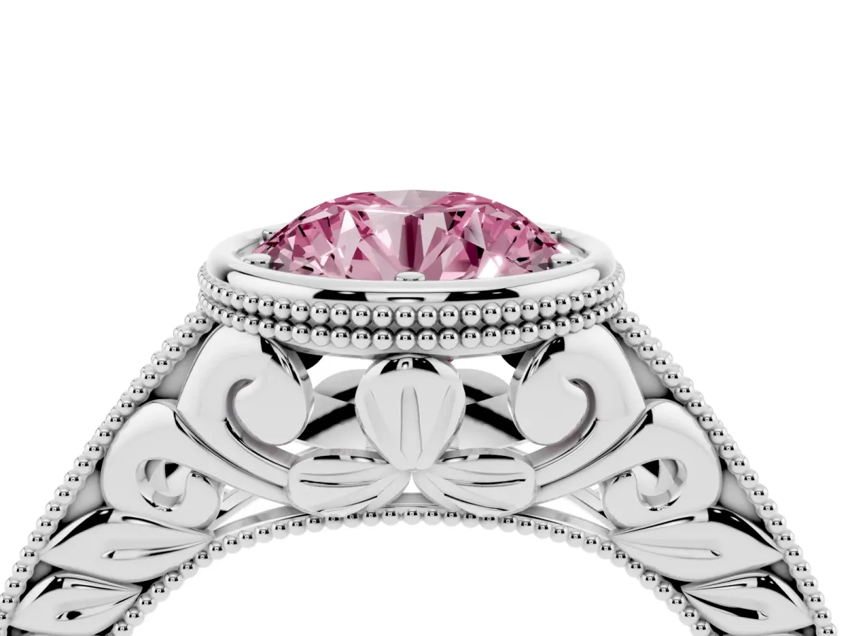 Fancy Pink Bezel Set Round Cut Diamond Milgrain Pave Engagement Ring Silver