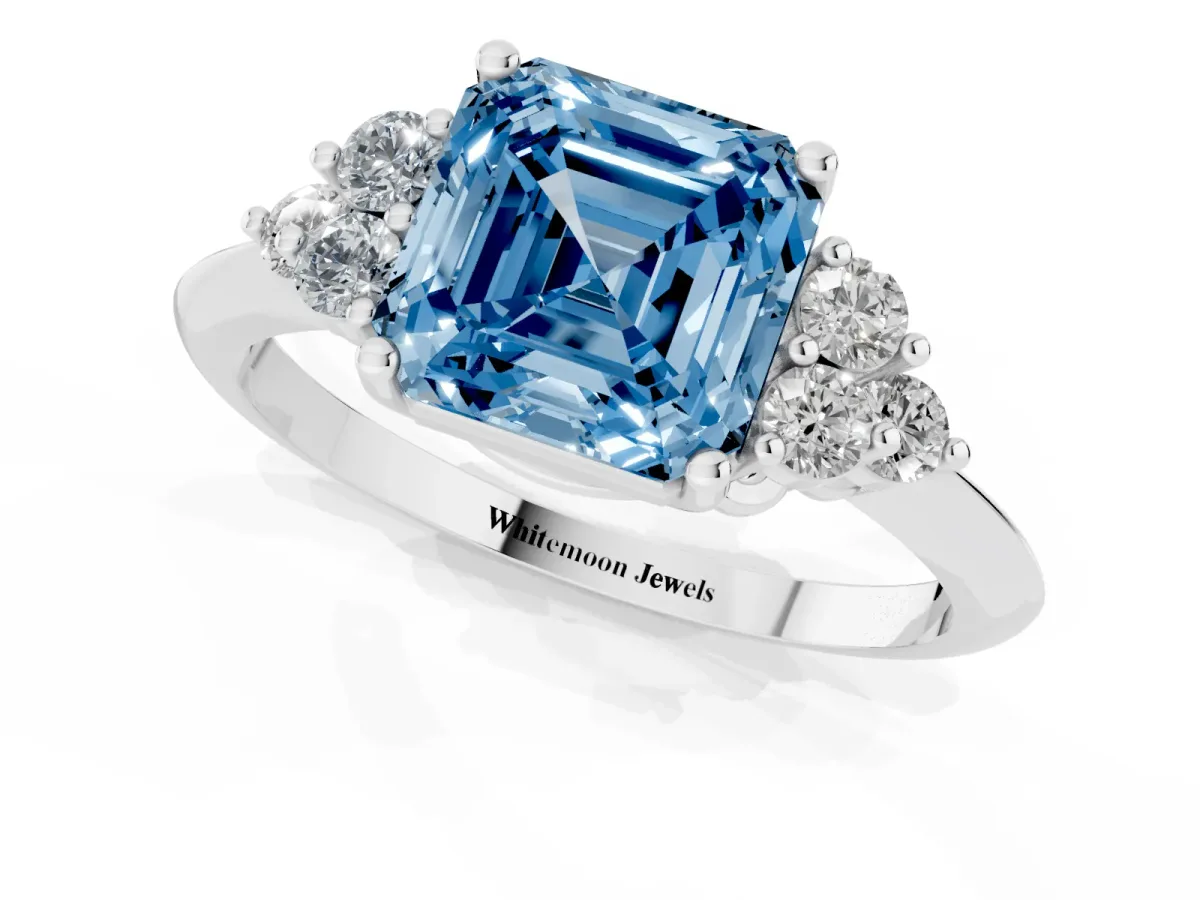 Fancy Blue Asscher Cut Cut Diamond Cluster Ring with Solitaire Band and Four-Prong Setting Silver