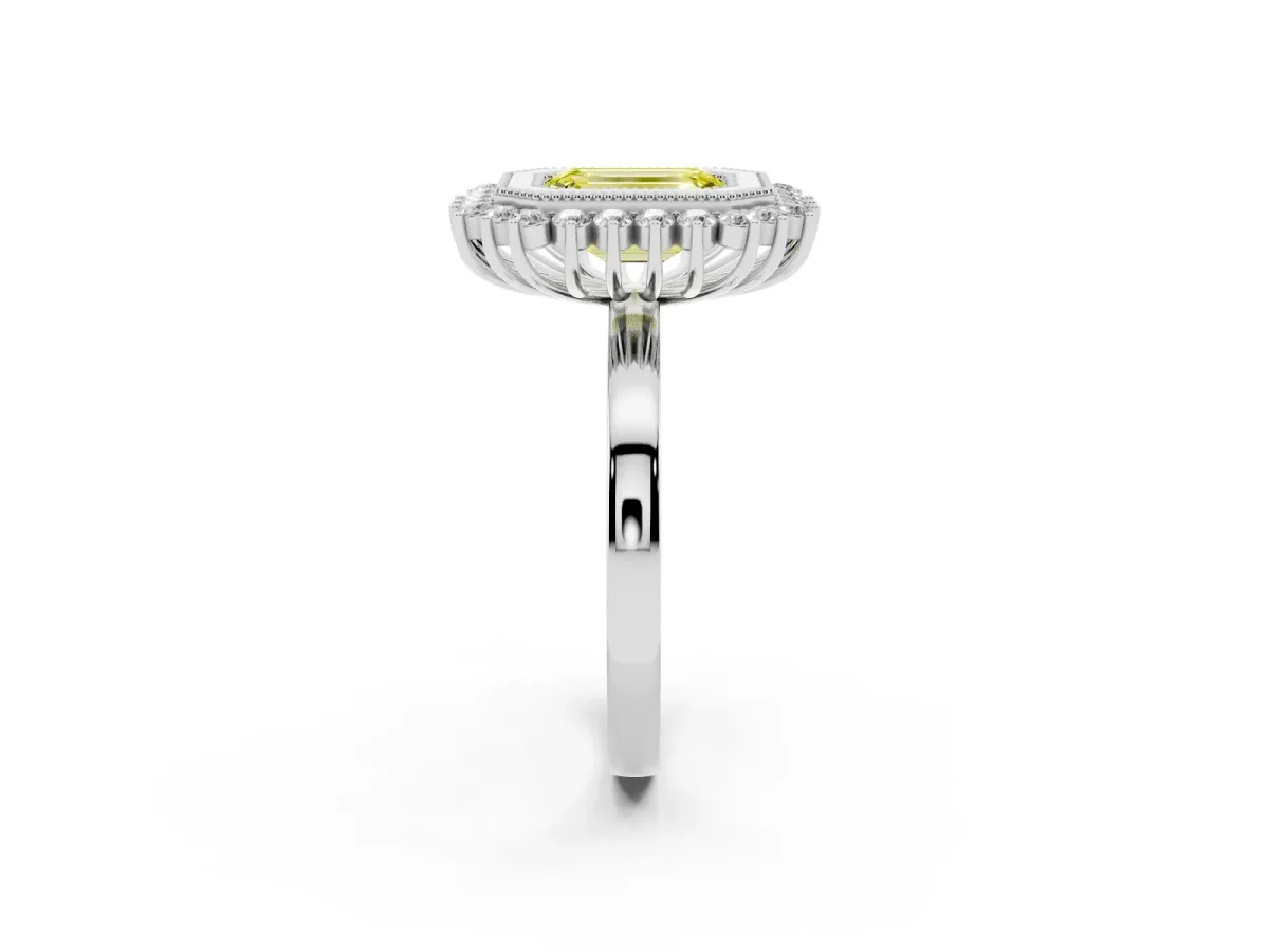 Fancy Yellow Emerald Cut Halo Diamond Ring with Milgrain Edge and Round Prong Setting Silver