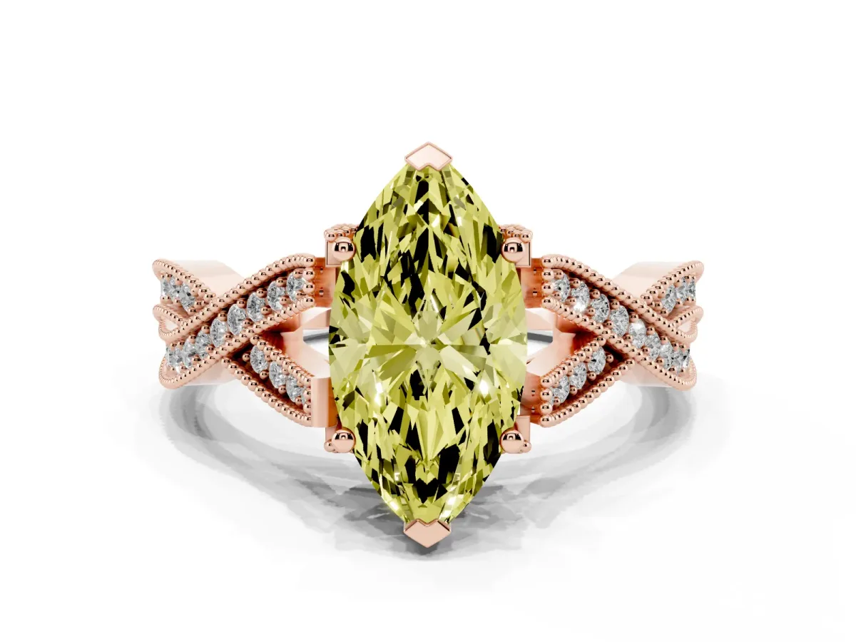Fancy Yellow Marquise Cut Cut Diamond Twisted Band with Milgrain Pave Setting and Four-Prong Setting Rose gold