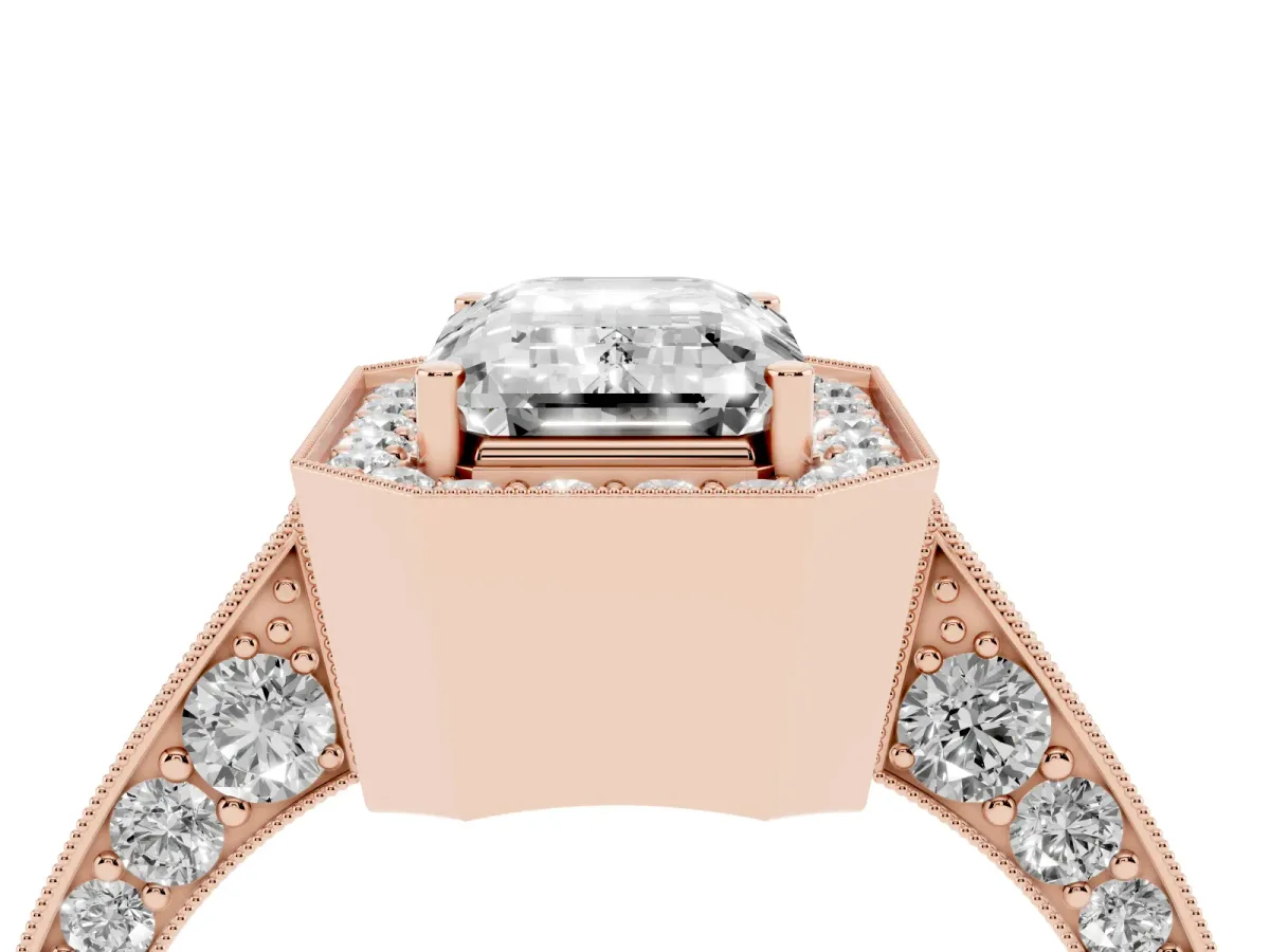 Emerald Cut Halo Diamond Engagement Ring with Split Shank Band and Four-Prong Setting Rose gold