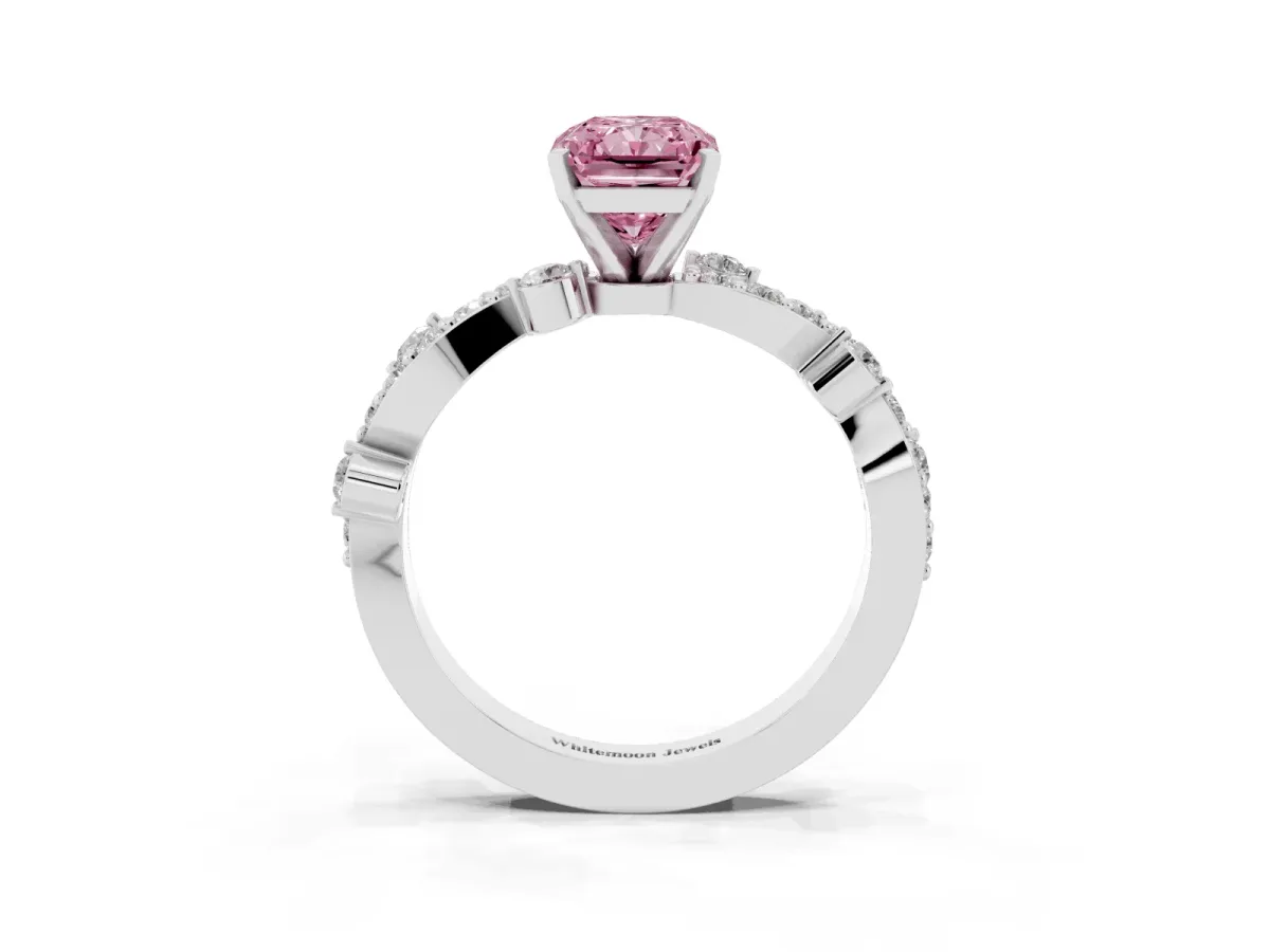 Fancy Pink Radiant Cut Cut Solitaire Diamond Twisted Band with Pave Setting Silver