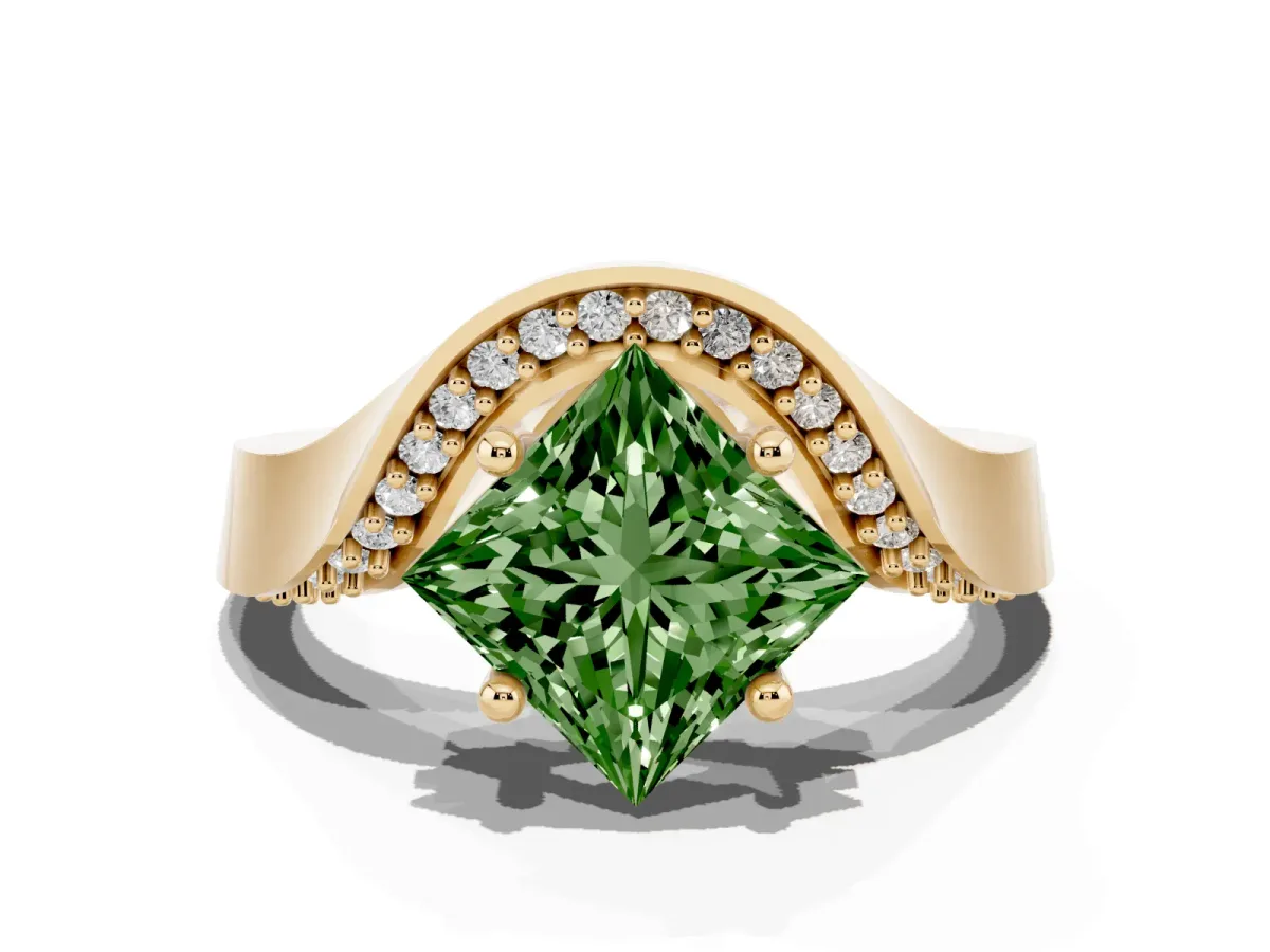 Fancy Green Princess Cut Solitaire Diamond Engagement Ring with Pave Band and Four-Prong Setting Yellow gold