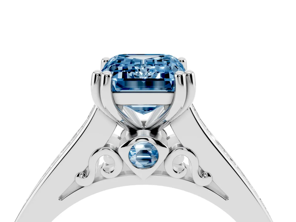 Fancy Blue Emerald Cut Cut Channel Set Solitaire Engagement Ring with Prong Setting Silver
