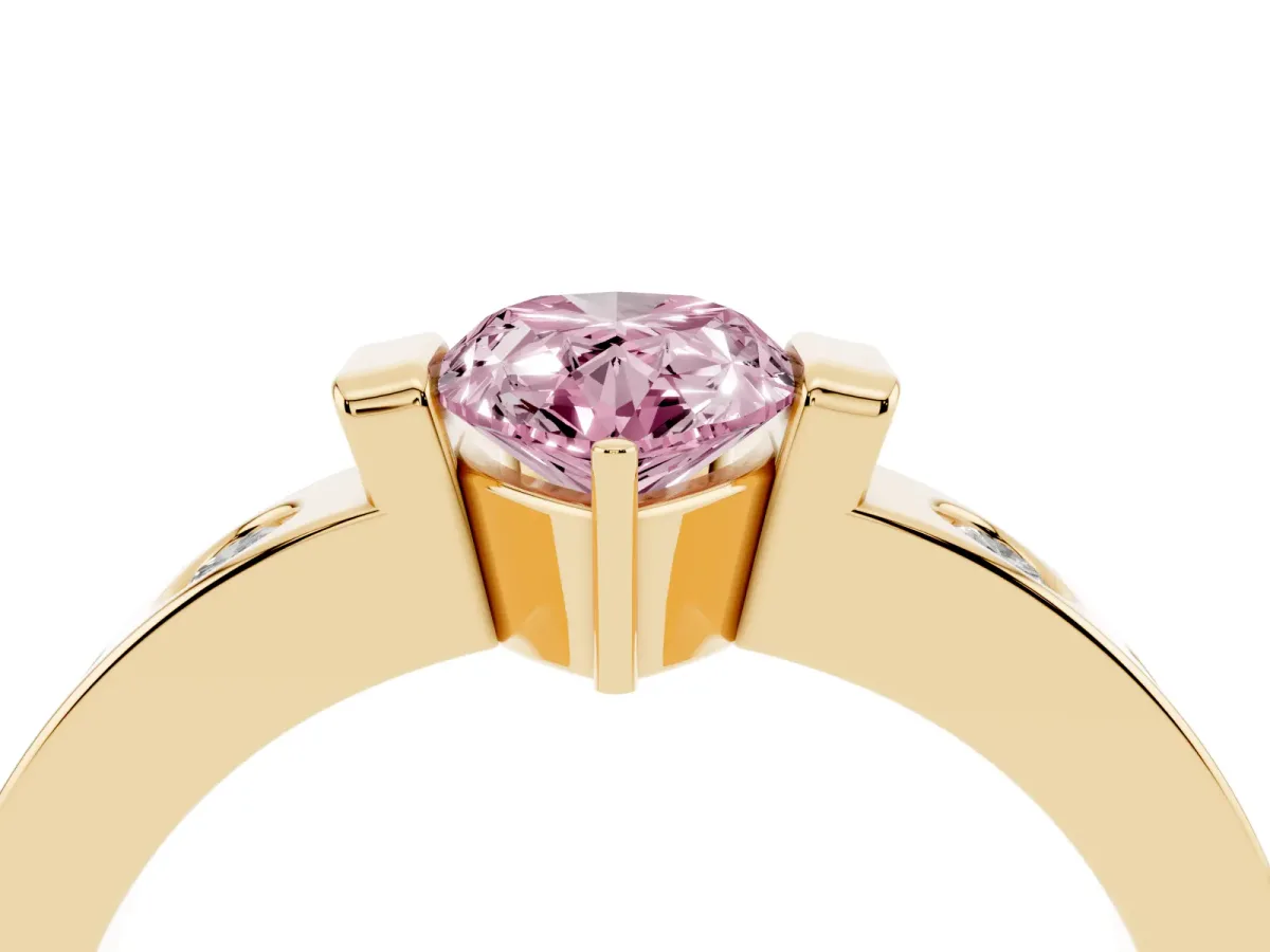 Fancy Pink Pear Cut Brilliant Channel-Set Diamond Ring with Bezel Prong Setting Yellow gold