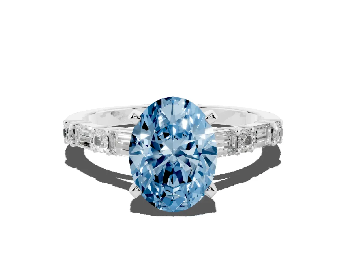 Fancy Blue Oval Cut Diamond Solitaire with Side Baguettes and Channel Set Band Silver