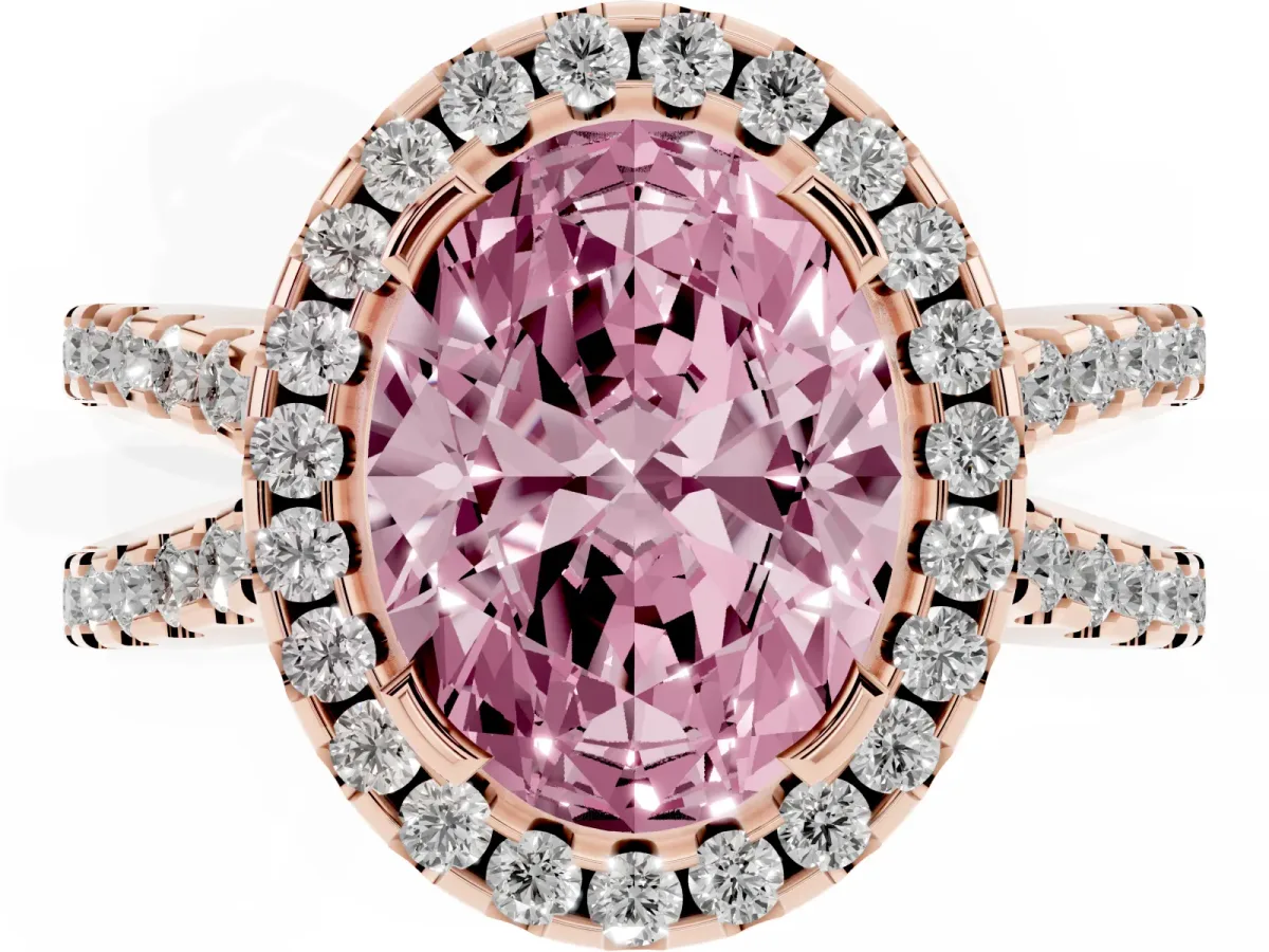 Fancy Pink Oval Cut Diamond Halo Ring with Split Shank Pavé Band and Prong Setting Rose gold