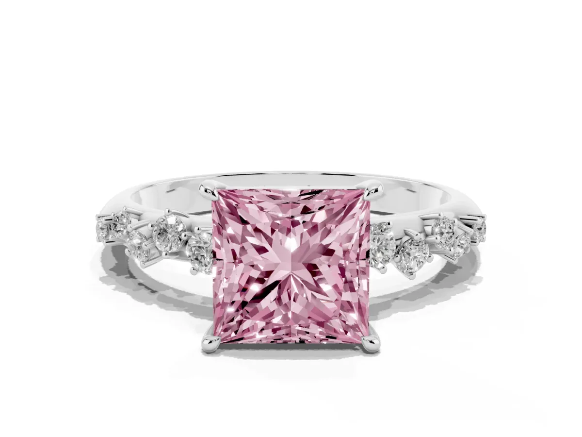 Fancy Pink Princess Cut Diamond Cluster Side Stone Solitaire Ring with Prong Setting Silver