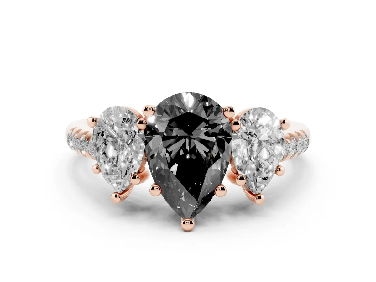 Fancy Black Three-Stone Pear Cut Diamond Ring with Round Pavé Band and Prong Setting Rose gold