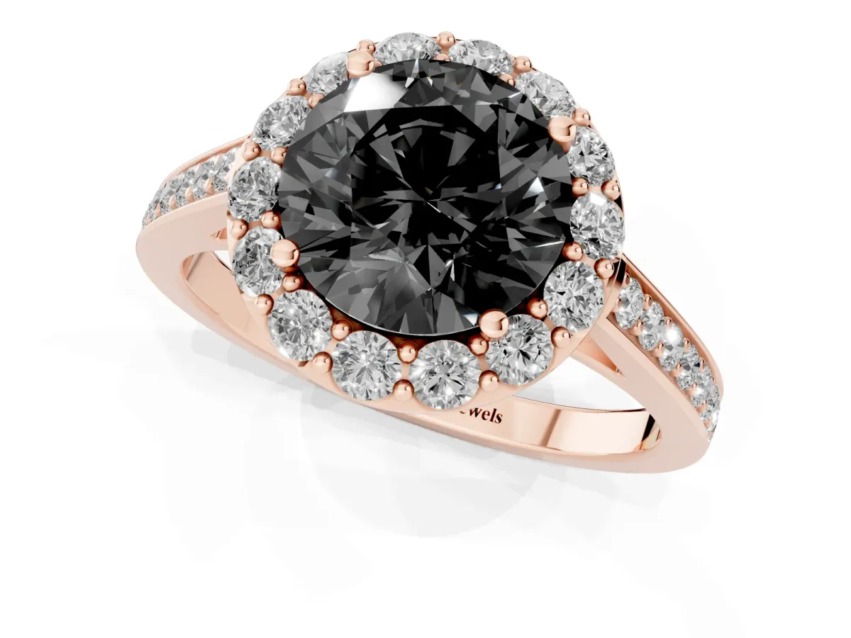 Fancy Black Round Cut Diamond Floral Halo Ring with Pavé Band and Prong Setting Rose gold