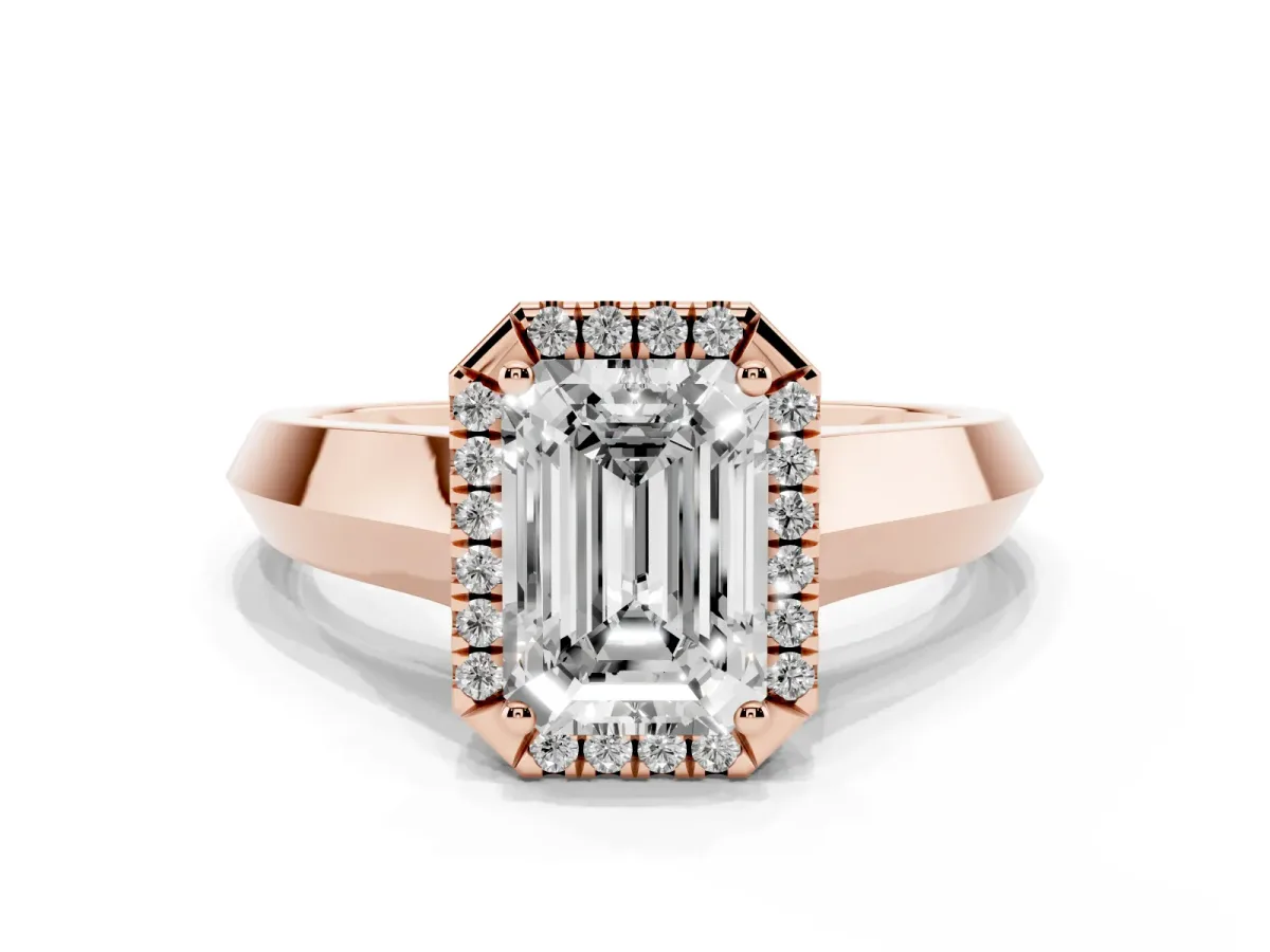 Emerald Cut Halo Diamond Ring with Cathedral Band and Four-Prong Setting Rose gold
