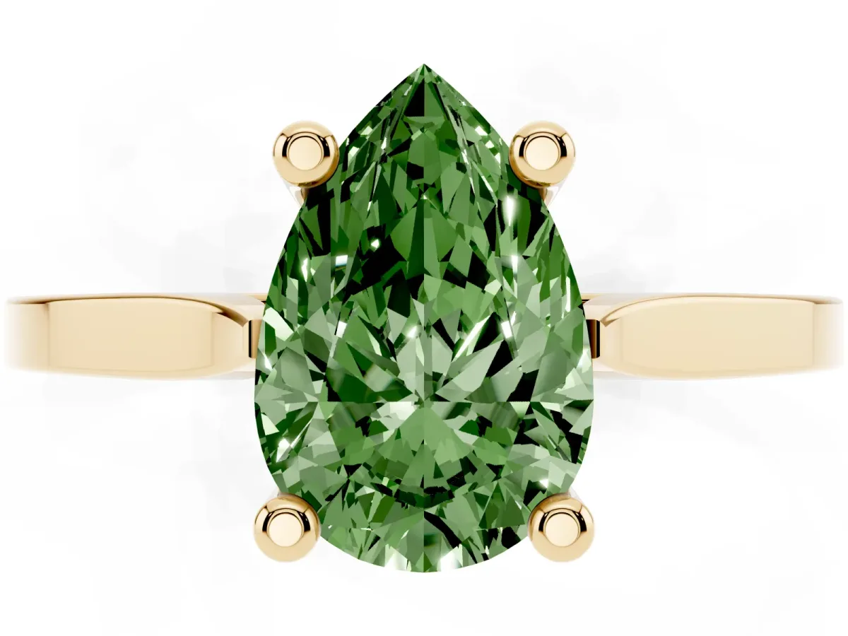 Fancy Green Pear Cut Solitaire Diamond Ring with Four-Prong Setting and Tapered Band Yellow gold