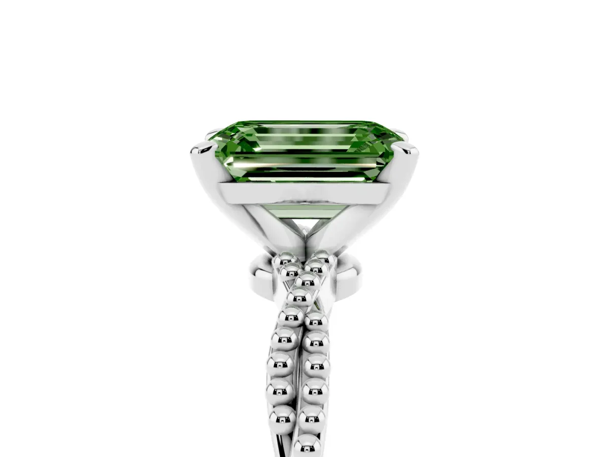 Fancy Green Emerald Cut Solitaire Twisted Band with Bead Prong Setting Silver
