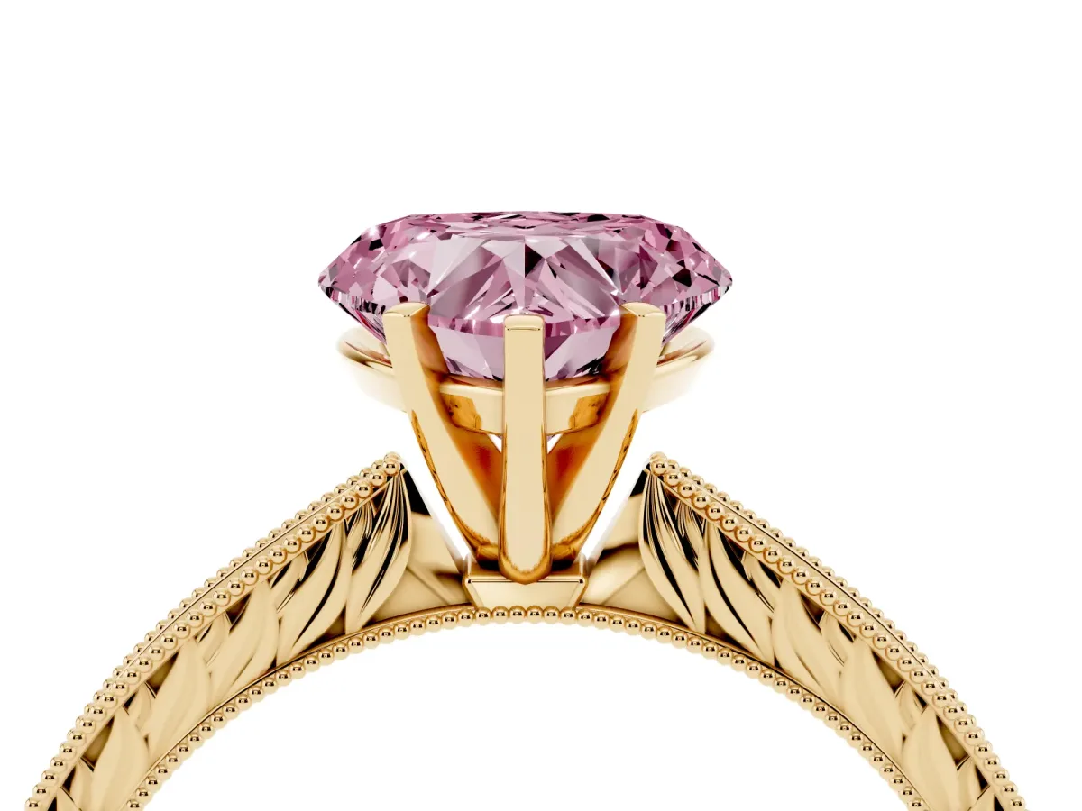 Fancy Pink Heart Cut Solitaire Milgrain Engraved Band with Four-Prong Setting Yellow gold
