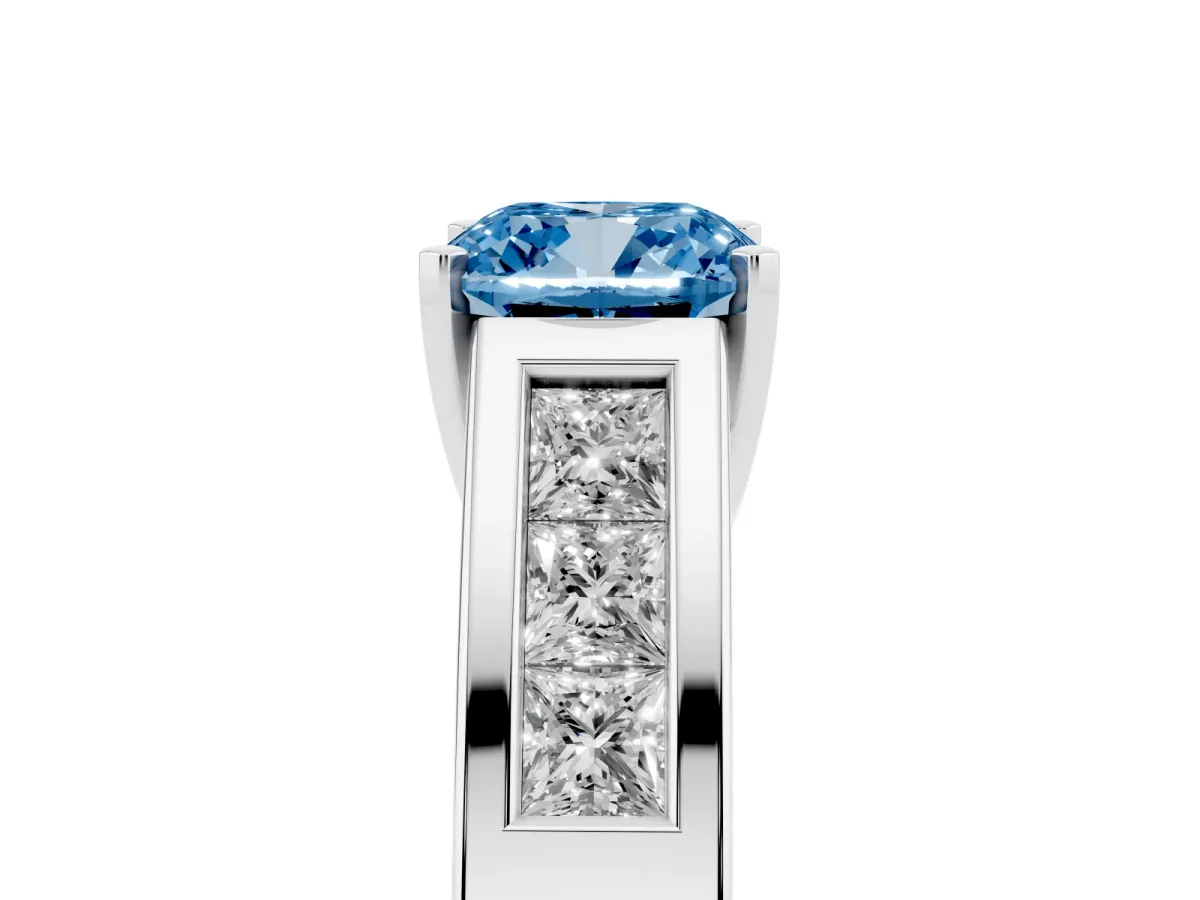 Fancy Blue Cushion Cut Cut Channel Set Solitaire Ring with Four-Prong Setting Platinum