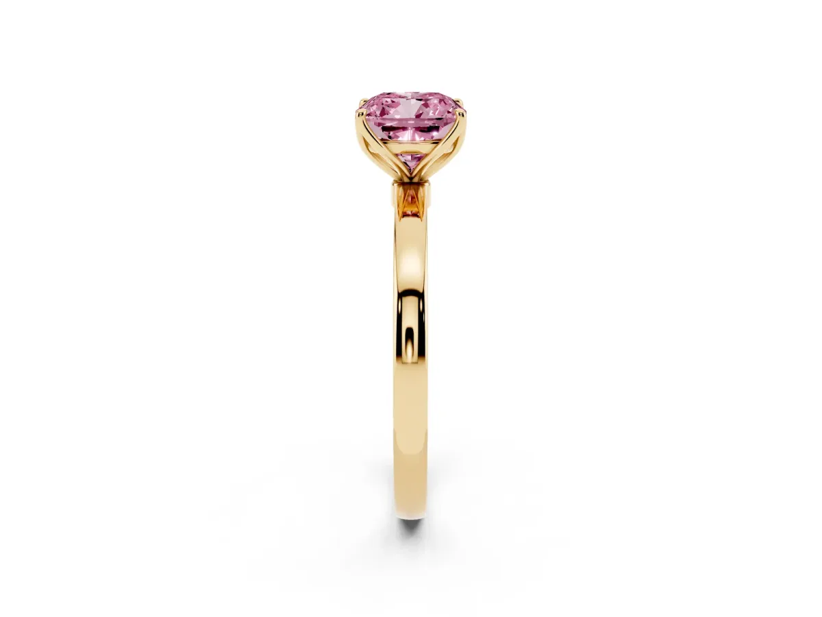 Fancy Pink Cushion Cut Diamond Solitaire Ring with Thin Band and Prong Setting Yellow gold
