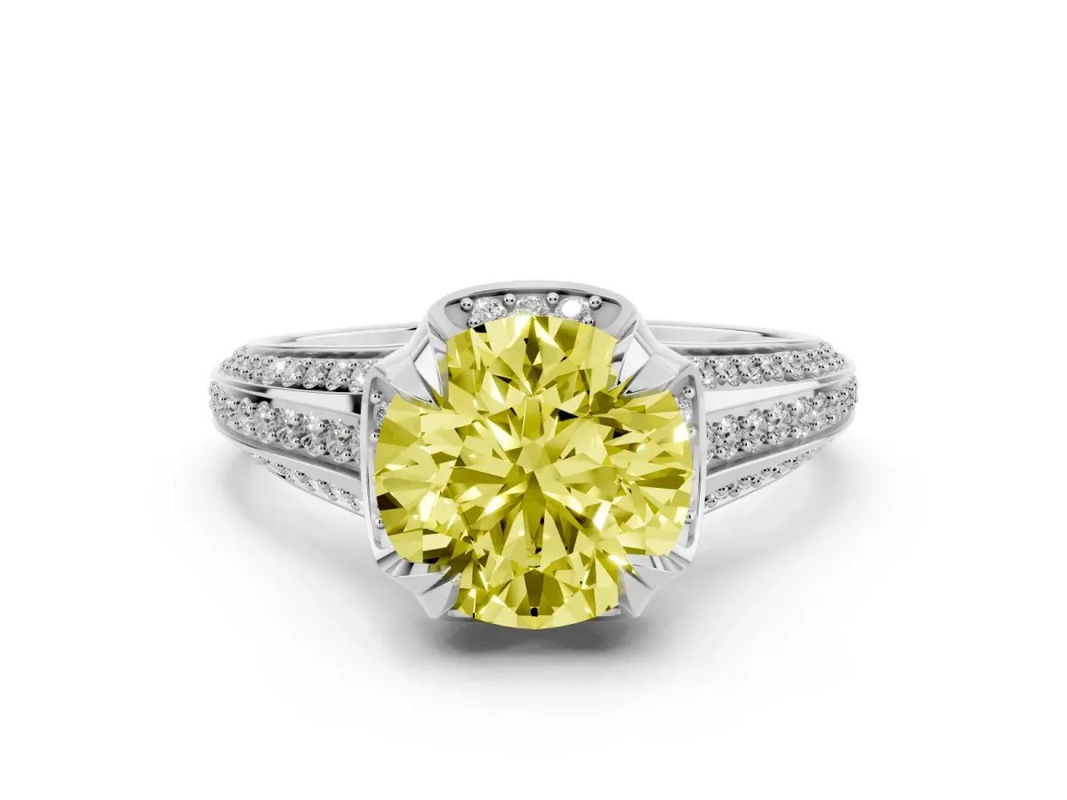 Fancy Yellow Round Cut Solitaire Pave Split Shank Ring with Four-Prong Setting Platinum