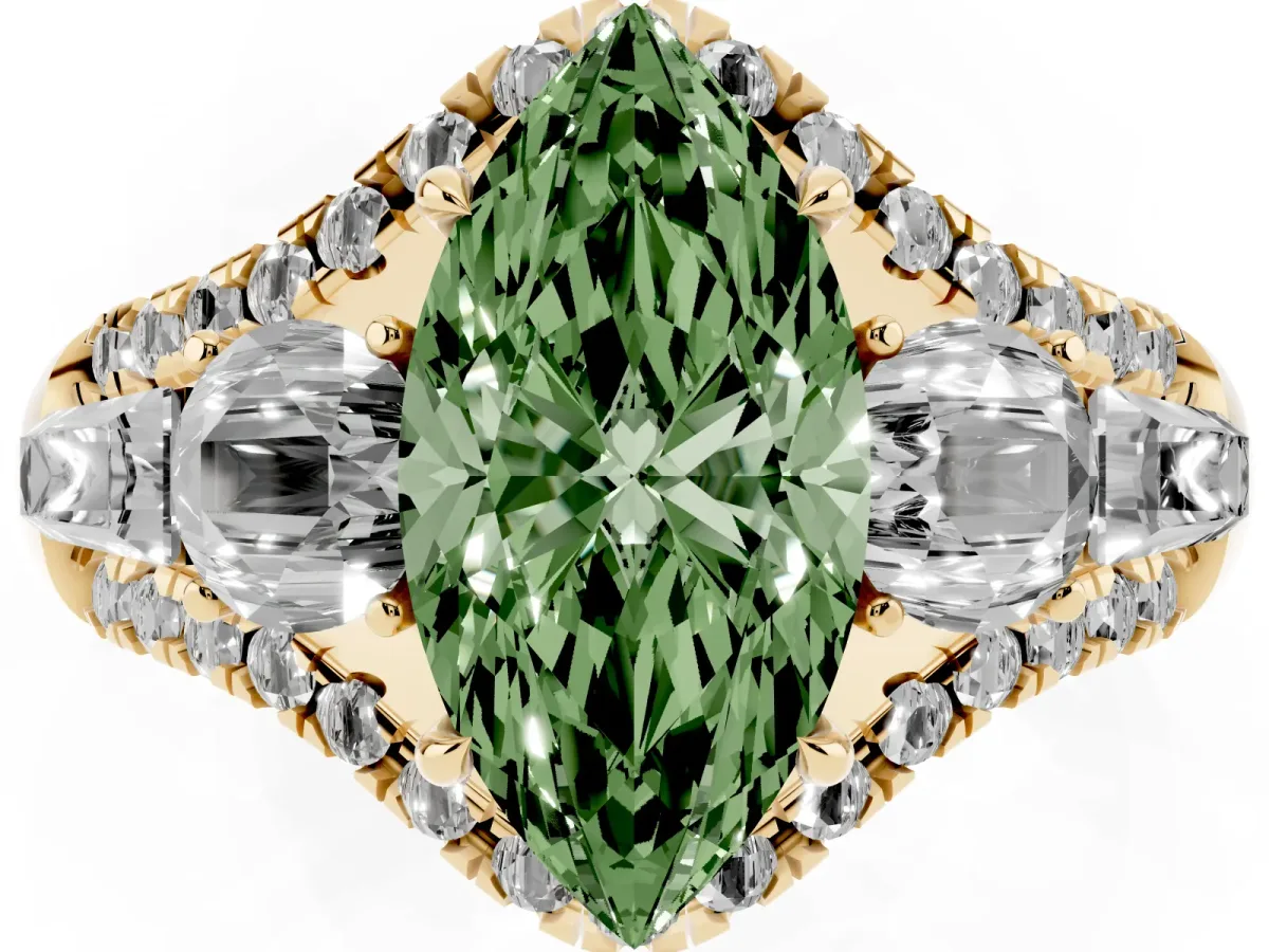 Fancy Green Three-Stone Marquise Cut Diamond Engagement Ring with Pave Band and Prong Setting Yellow gold