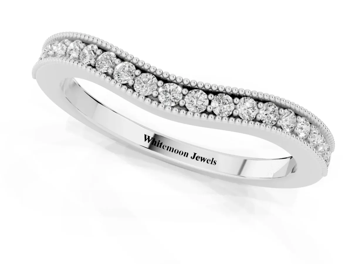 Pavé Round Diamond Curved Band with Milgrain Edge Platinum