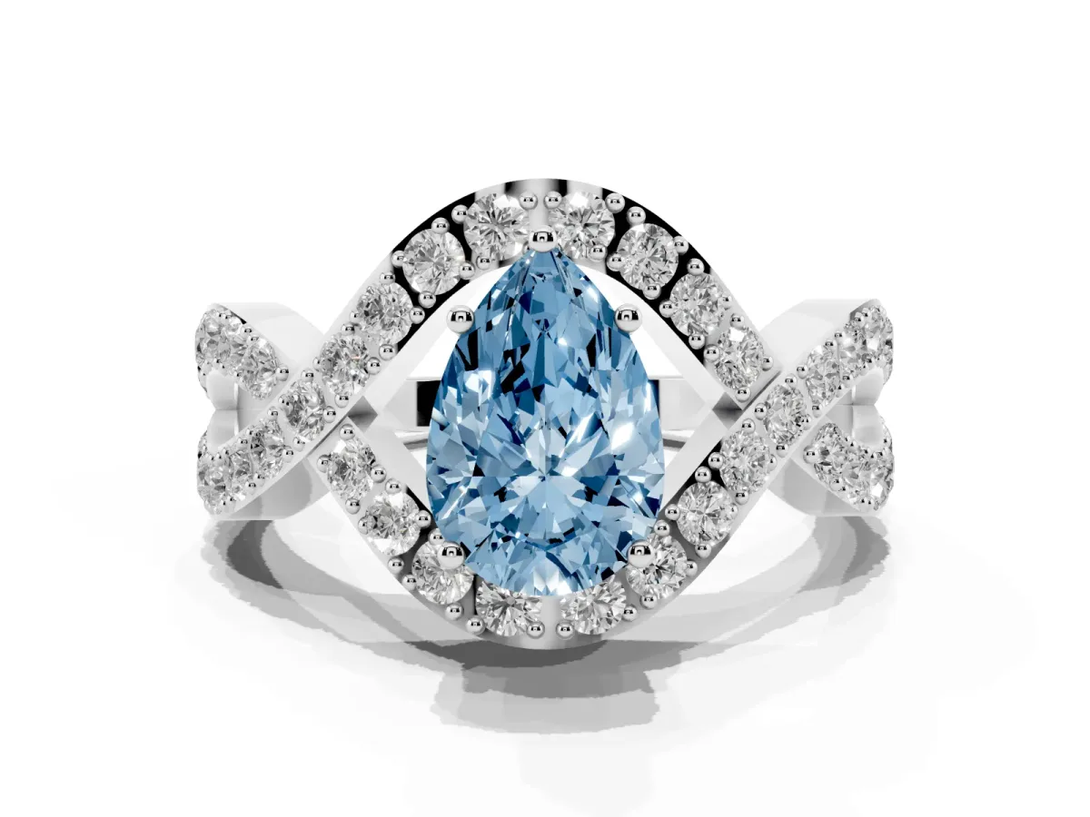 Fancy Blue Pear Cut Solitaire Twist Band Pavé Diamond Engagement Ring Silver