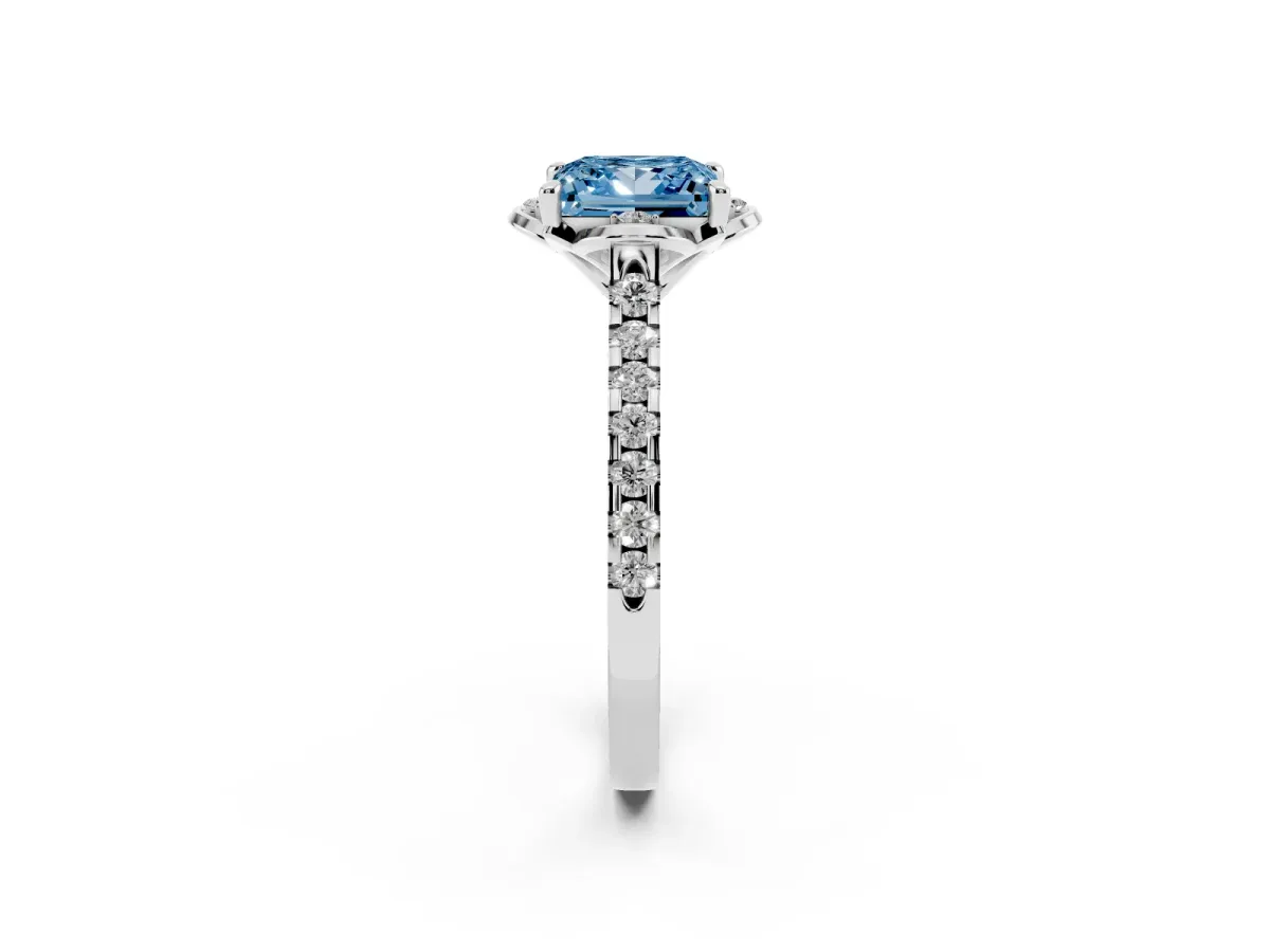 Fancy Blue Princess Cut Diamond Ring with Pavé Band and Floral Prong Setting Silver