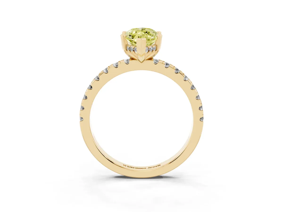 Fancy Yellow Marquise Cut Diamond Solitaire Ring with Round Pavé Band and Four-Prong Setting Yellow gold