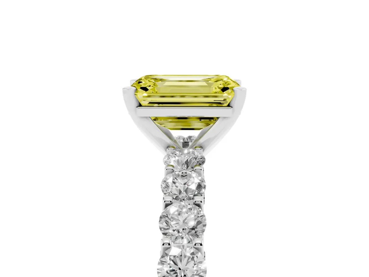 Fancy Yellow Emerald Cut Diamond Solitaire Ring with Shared Prong Pavé Band and Four-Prong Setting Silver