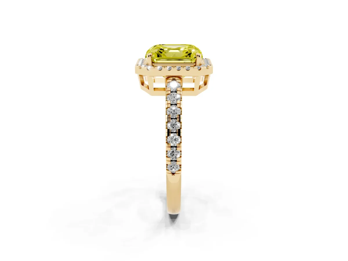 Fancy Yellow Asscher Cut Diamond Halo Ring with Pavé Band and Four-Prong Setting Yellow gold
