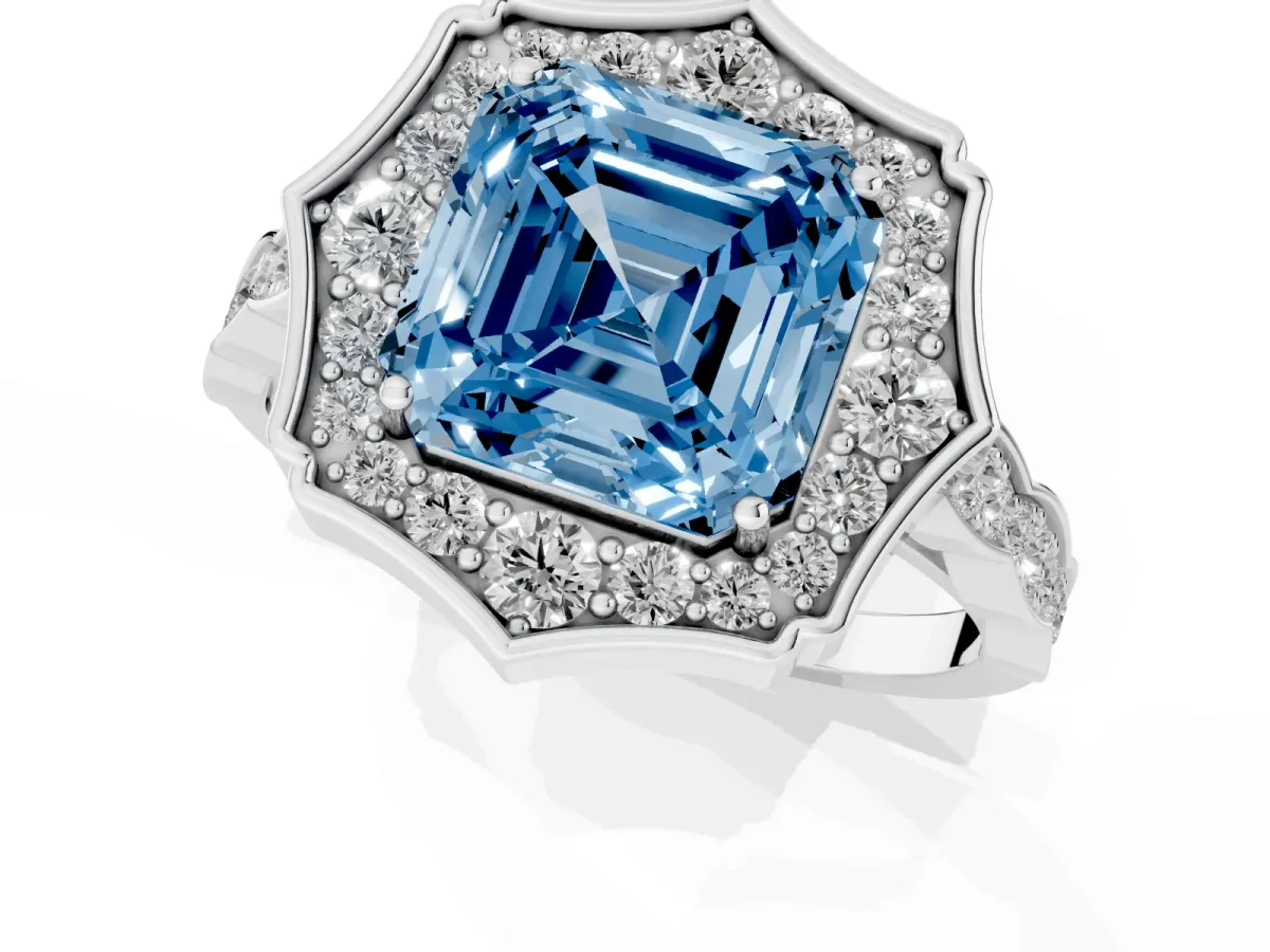 Fancy Blue Asscher Cut Halo Diamond Engagement Ring with Milgrain Band and Four-Prong Setting Platinum
