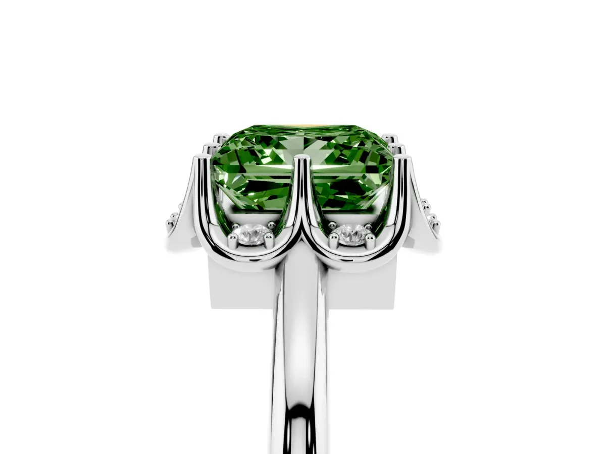 Fancy Green Princess Cut Halo Diamond Ring with Round Cluster Setting, Solitaire Band, and Four-Prong Setting White gold