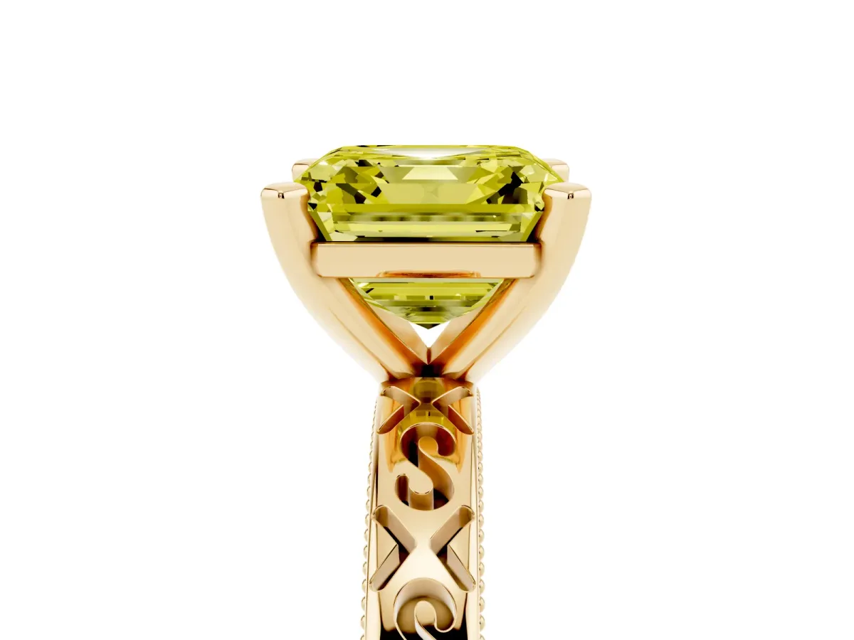 Fancy Yellow Asscher Cut Solitaire Engagement Ring with Scrollwork Band and Four-Prong Setting Yellow gold