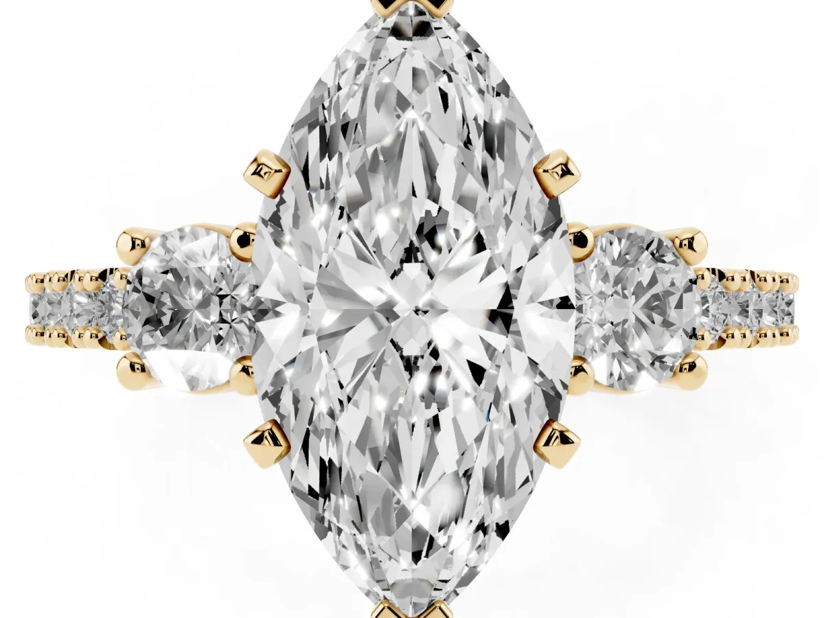 Marquise Cut Three-Stone Diamond Pavé Band with Prong Setting Yellow gold