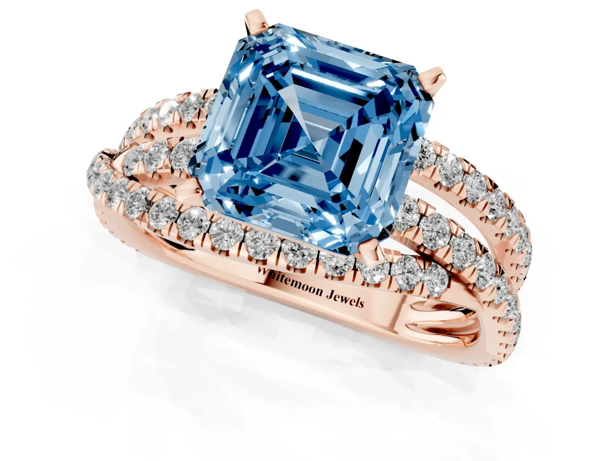 Fancy Blue Asscher Cut Solitaire Twist Band with Pavé Setting and Four-Prong Setting Rose gold