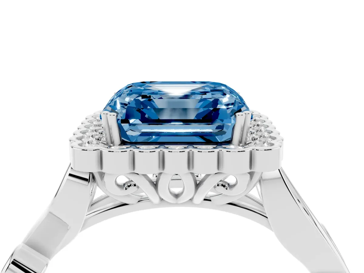 Fancy Blue Asscher Cut Diamond Halo Ring with Vintage Split Shank and Four-Prong Setting Silver