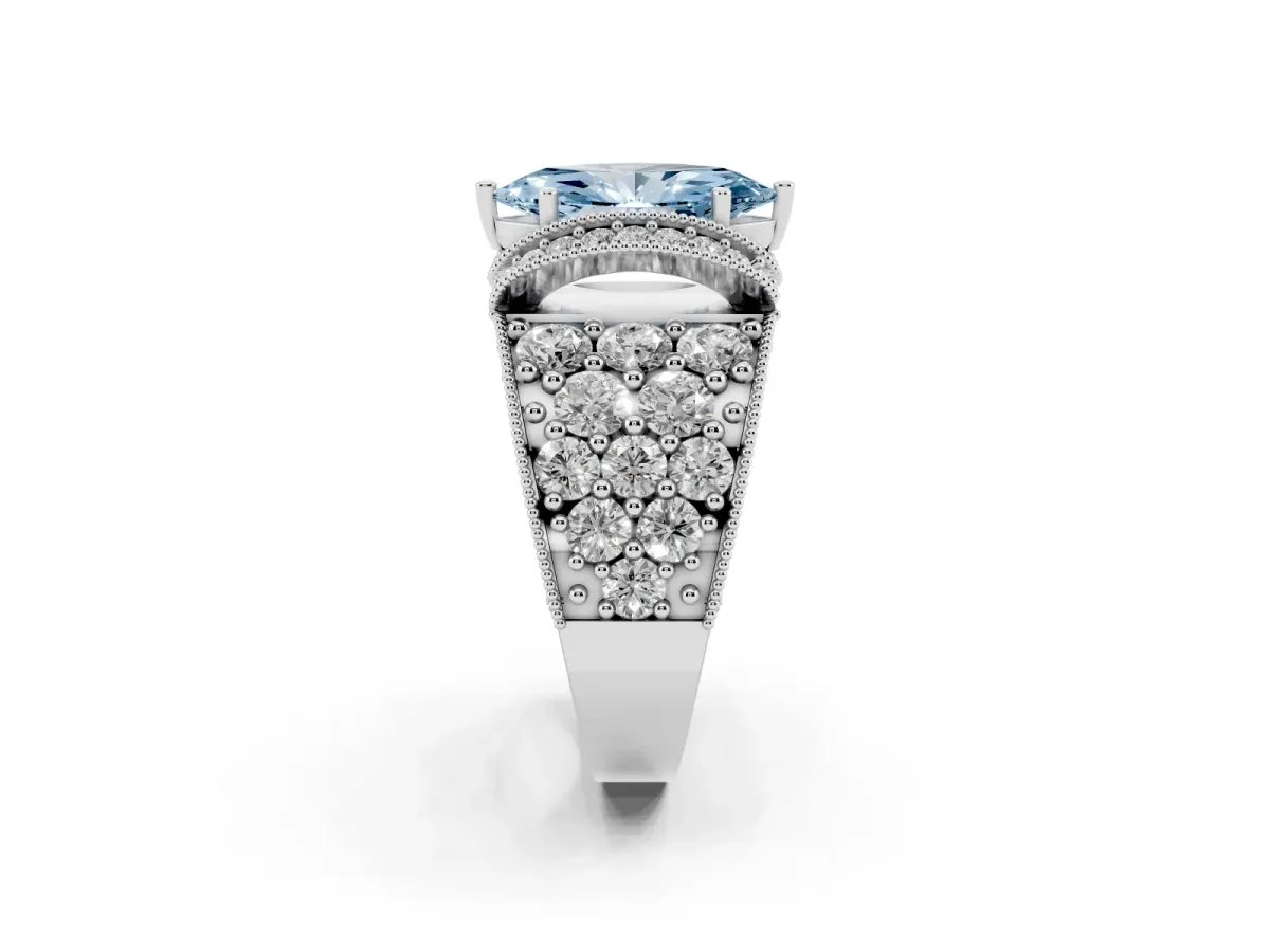 Fancy Blue Marquise Cut Halo Pave Diamond Engagement Ring with Milgrain Detailing White gold