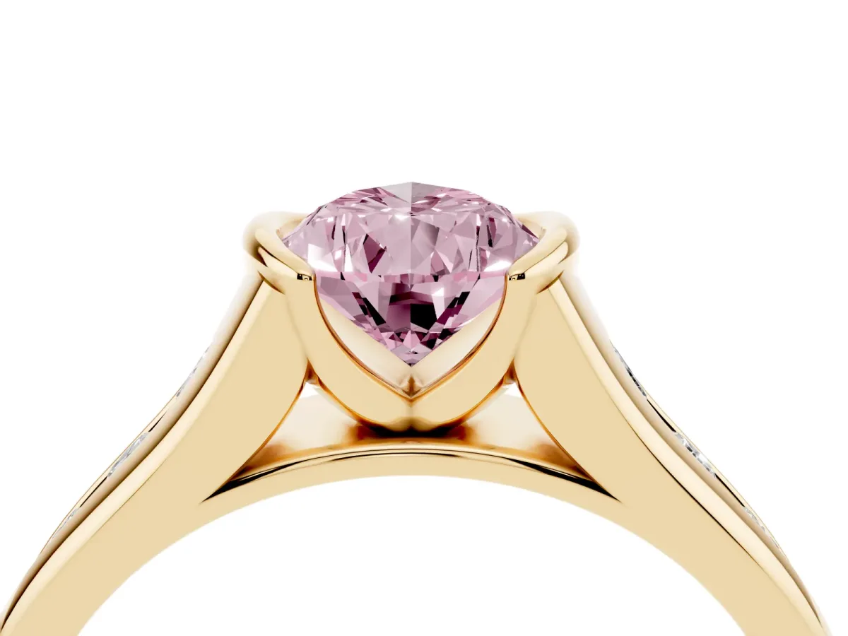Fancy Pink Pear Cut Solitaire Bezel-Set Diamond Ring with Channel-Set Band Yellow gold