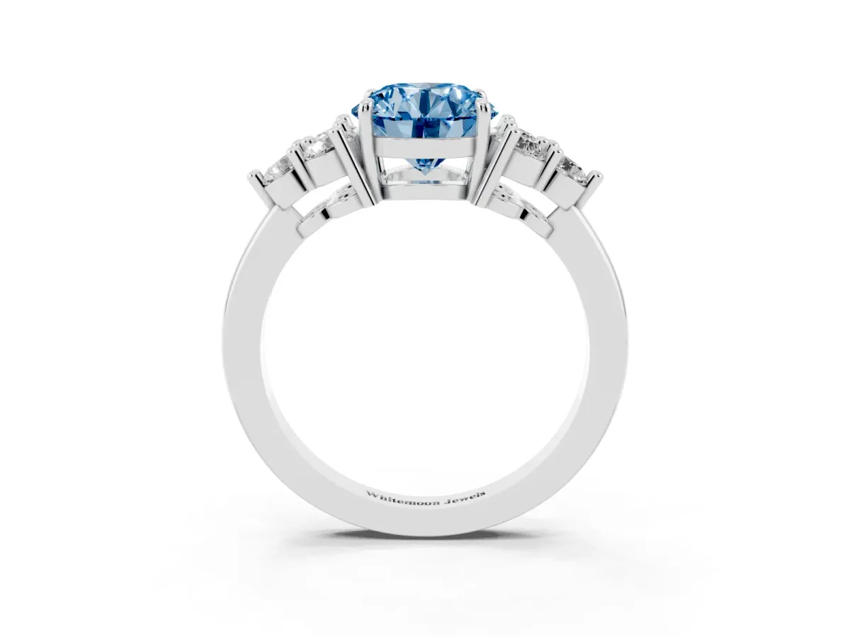 Fancy Blue Round Cut Brilliant Diamond Cluster Accent Solitaire Ring with Prong Setting Platinum