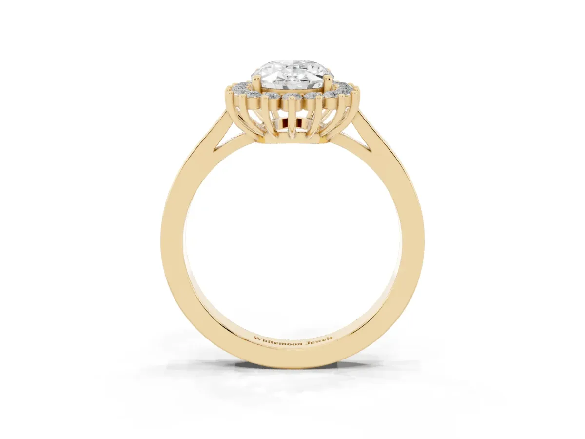 Oval Cut Cut Diamond Halo Ring with Round Brilliant Halo and Solitaire Band Yellow gold